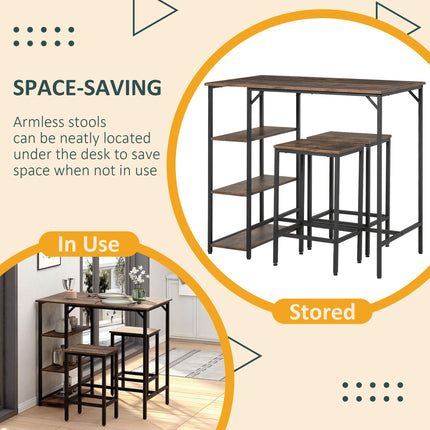 Industrial Bar Height Dining Table Set with 2 Stools & Side Shelf, 3-Piece Coffee Table for Dining Room, Kitchen - Black Rustic Brown