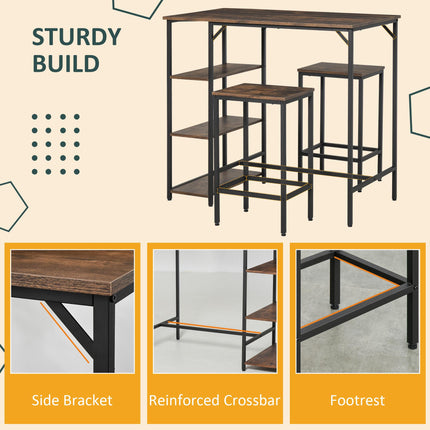 Industrial Bar Height Dining Table Set with 2 Stools & Side Shelf, 3-Piece Coffee Table for Dining Room, Kitchen - Black Rustic Brown