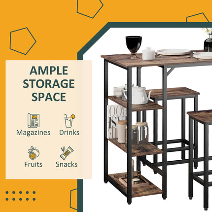 Industrial Bar Height Dining Table Set with 2 Stools & Side Shelf, 3-Piece Coffee Table for Dining Room, Kitchen - Black Rustic Brown