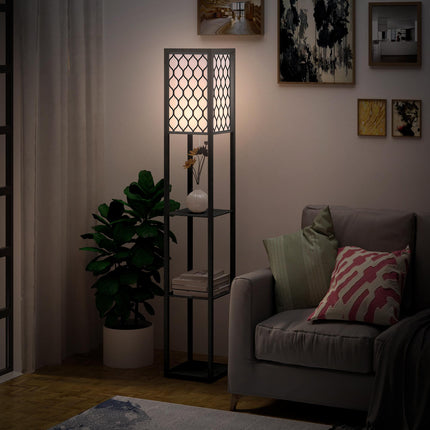 Modern Shelf Floor Lamp with 4-Tier Open Shelves for Living Room Storage and Light - Black