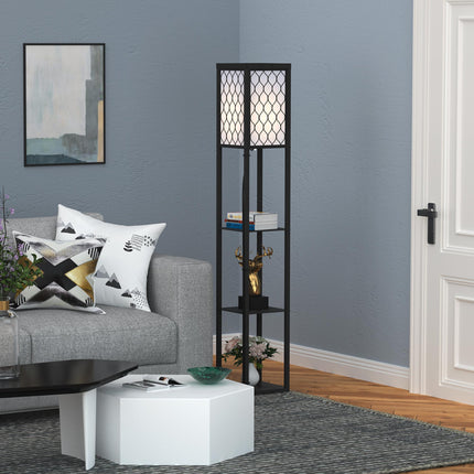 Modern Shelf Floor Lamp with 4-Tier Open Shelves for Living Room Storage and Light - Black
