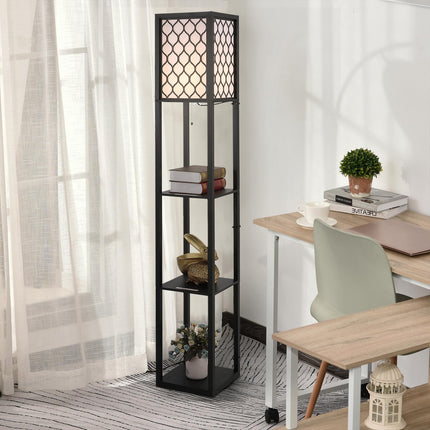 Modern Shelf Floor Lamp with 4-Tier Open Shelves for Living Room Storage and Light - Black