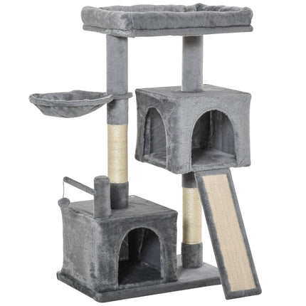 111cm Cat Tree Tower with Sisal Scratching Posts, Hammock & Hanging Ball - Grey