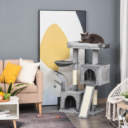 111cm Cat Tree Tower with Sisal Scratching Posts, Hammock & Hanging Ball - Grey