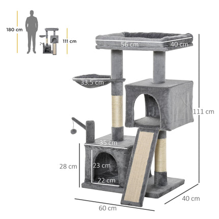 111cm Cat Tree Tower with Sisal Scratching Posts, Hammock & Hanging Ball - Grey