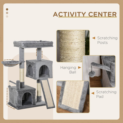 111cm Cat Tree Tower with Sisal Scratching Posts, Hammock & Hanging Ball - Grey