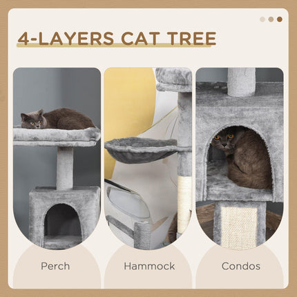 111cm Cat Tree Tower with Sisal Scratching Posts, Hammock & Hanging Ball - Grey