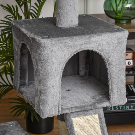111cm Cat Tree Tower with Sisal Scratching Posts, Hammock & Hanging Ball - Grey