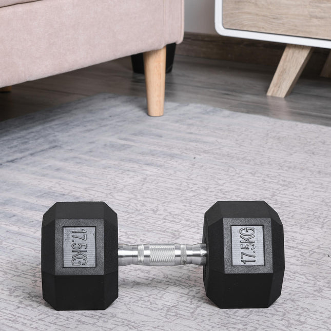 17.5KG Single Rubber Hex Dumbbell Durable Portable Hand Weight - Black