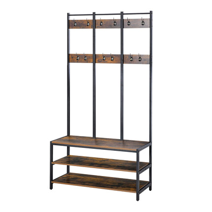 Industrial Style Coat Rack Stand with Bench, Hooks & Shoe Rack 100x38.5x185.5cm - Rustic Brown and Black