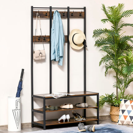 Industrial Style Coat Rack Stand with Bench, Hooks & Shoe Rack 100x38.5x185.5cm - Rustic Brown and Black