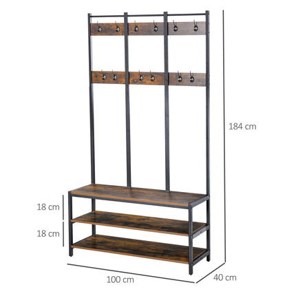 Industrial Style Coat Rack Stand with Bench, Hooks & Shoe Rack 100x38.5x185.5cm - Rustic Brown and Black