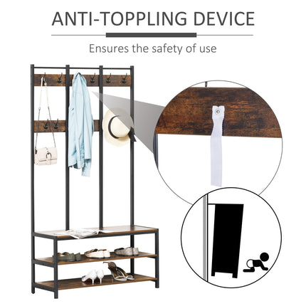 Industrial Style Coat Rack Stand with Bench, Hooks & Shoe Rack 100x38.5x185.5cm - Rustic Brown and Black