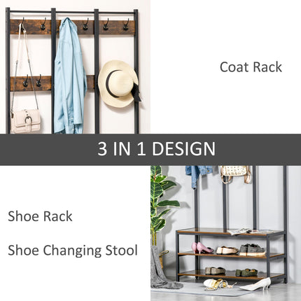 Industrial Style Coat Rack Stand with Bench, Hooks & Shoe Rack 100x38.5x185.5cm - Rustic Brown and Black