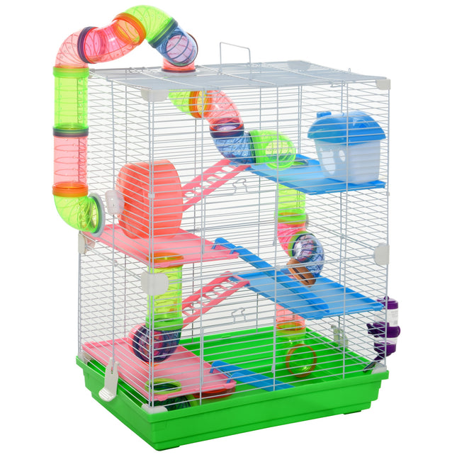 Pawhut 5 Tier Hamster Cage Carrier Habitat with Exercise Wheel, Tunnel, Water Bottle & Dishes for Dwarf Hamsters - Green
