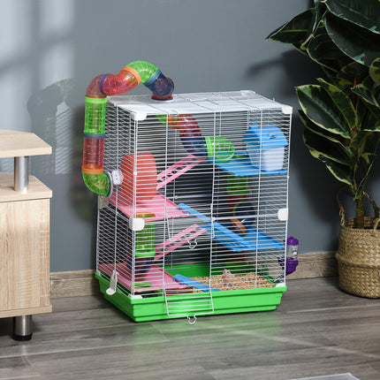 Pawhut 5 Tier Hamster Cage Carrier Habitat with Exercise Wheel, Tunnel, Water Bottle & Dishes for Dwarf Hamsters - Green