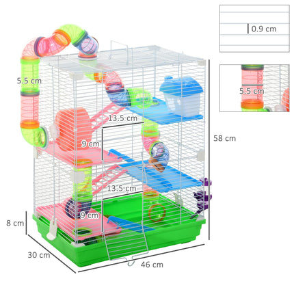 Pawhut 5 Tier Hamster Cage Carrier Habitat with Exercise Wheel, Tunnel, Water Bottle & Dishes for Dwarf Hamsters - Green