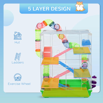 Pawhut 5 Tier Hamster Cage Carrier Habitat with Exercise Wheel, Tunnel, Water Bottle & Dishes for Dwarf Hamsters - Green