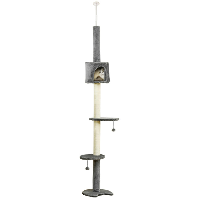 Multi-Layer Cat Tree with Scratching Post and Hanging Balls - Light Grey