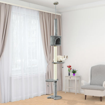 Multi-Layer Cat Tree with Scratching Post and Hanging Balls - Light Grey