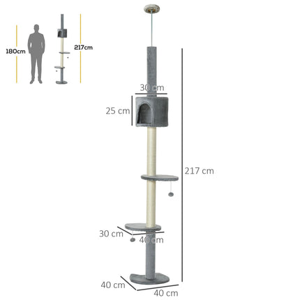 Multi-Layer Cat Tree with Scratching Post and Hanging Balls - Light Grey