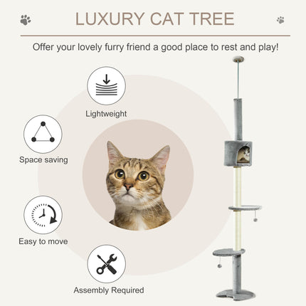 Multi-Layer Cat Tree with Scratching Post and Hanging Balls - Light Grey