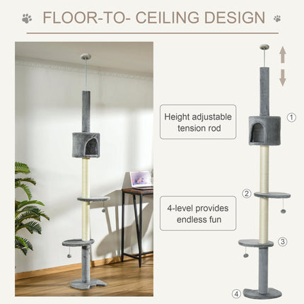 Multi-Layer Cat Tree with Scratching Post and Hanging Balls - Light Grey