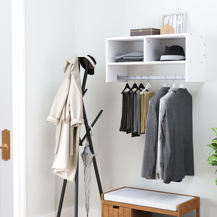 Wall Mounted Coat Rack with Hooks, Rail & Storage Shelves - White