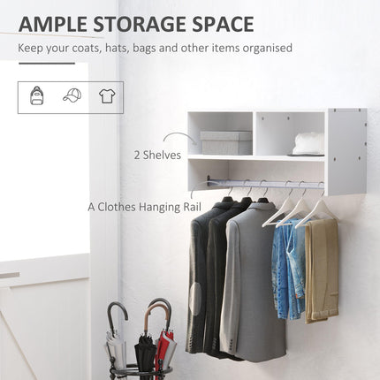 Wall Mounted Coat Rack with Hooks, Rail & Storage Shelves - White