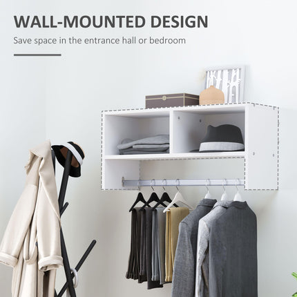 Wall Mounted Coat Rack with Hooks, Rail & Storage Shelves - White