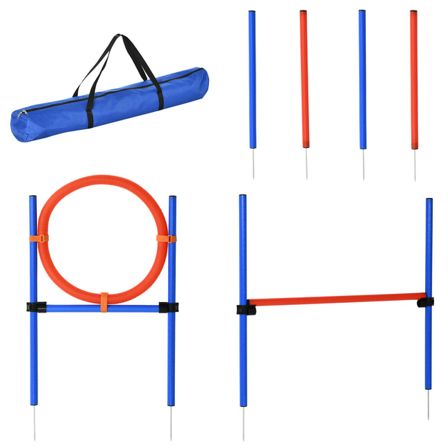 Pet Agility Training Set Adjustable Pole Hoop Hurdle for Dog Obedience - Blue & Red