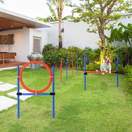 Pet Agility Training Set Adjustable Pole Hoop Hurdle for Dog Obedience - Blue & Red