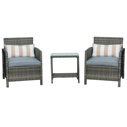 3 Pieces Rattan Bistro Set, Wicker Garden Furniture Set, Glass Top 2-tier Coffee