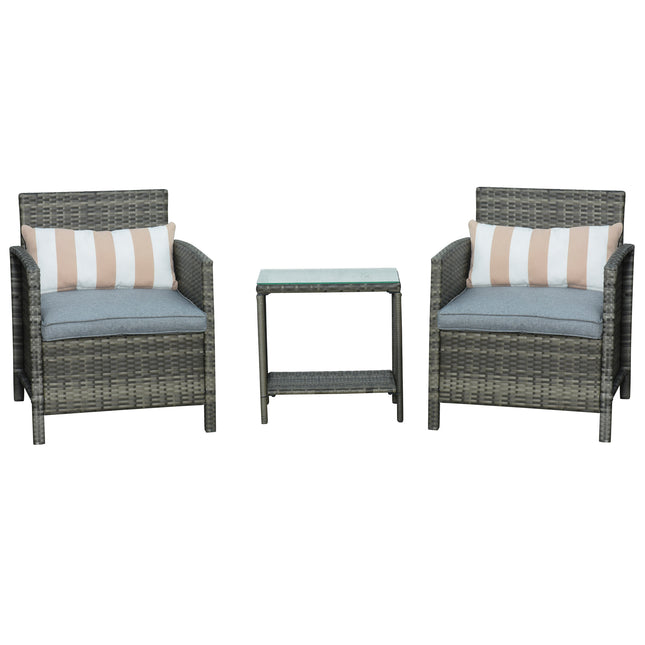 3 Pieces Rattan Bistro Set, Wicker Garden Furniture Set, Glass Top 2-tier Coffee