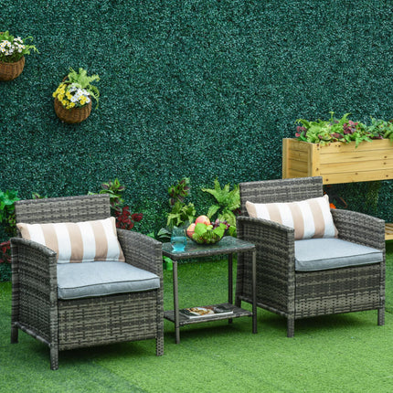 3 Pieces Rattan Bistro Set, Wicker Garden Furniture Set, Glass Top 2-tier Coffee