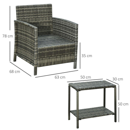 3 Pieces Rattan Bistro Set, Wicker Garden Furniture Set, Glass Top 2-tier Coffee