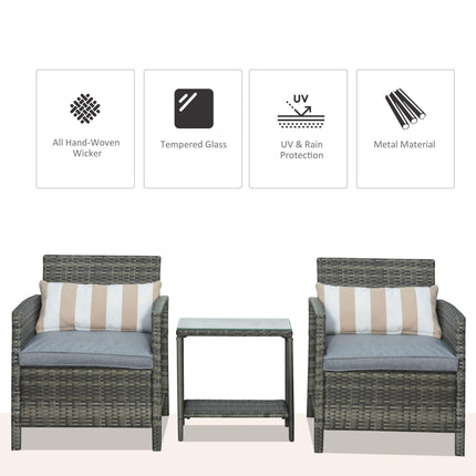 3 Pieces Rattan Bistro Set, Wicker Garden Furniture Set, Glass Top 2-tier Coffee