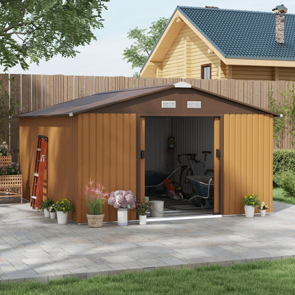 13 x 11 Ft Metal Garden Storage Shed with Sliding Doors and Ventilation - Yellow