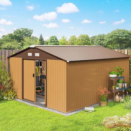 13 x 11 Ft Metal Garden Storage Shed with Sliding Doors and Ventilation - Yellow