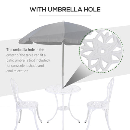 3 Piece Aluminium Patio Bistro Set with Umbrella Hole - White