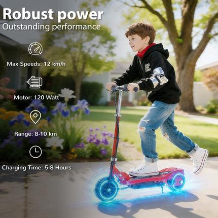 Kids Folding Electric Scooter with 2x12V Rechargeable Battery 120W Adjustable Height PU Wheels for 7-14 yrs - Red