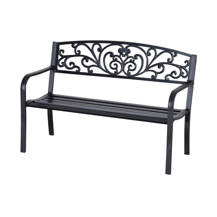 2 Seater Metal Garden Park Bench with Floral Backrest - Black