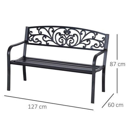 2 Seater Metal Garden Park Bench with Floral Backrest - Black