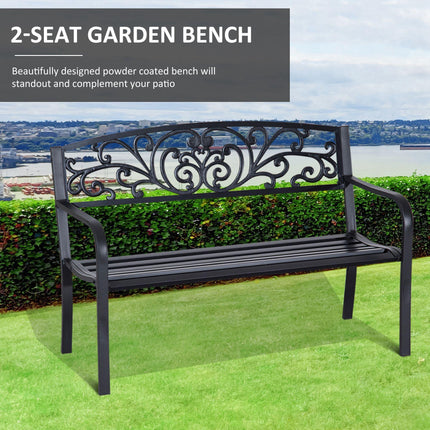 2 Seater Metal Garden Park Bench with Floral Backrest - Black