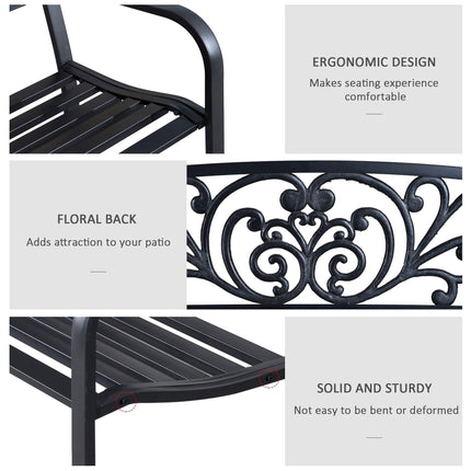 2 Seater Metal Garden Park Bench with Floral Backrest - Black