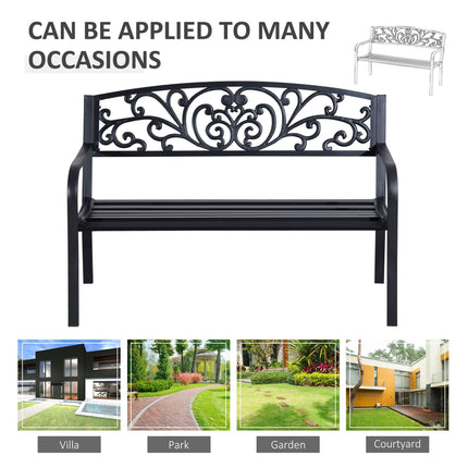 2 Seater Metal Garden Park Bench with Floral Backrest - Black