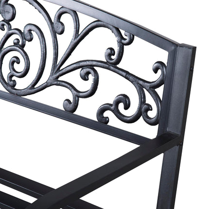 2 Seater Metal Garden Park Bench with Floral Backrest - Black