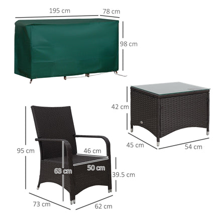 Weatherproof 2 Seater Rattan Bistro Set with Cushions - Brown