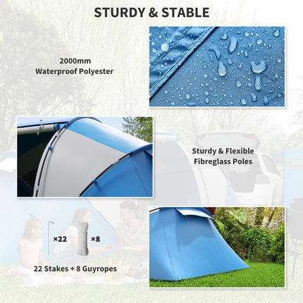 Waterproof 4-6 Person Camping Tent with UV Protection - Blue and White