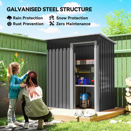 5 x 3ft Galvanised Steel Garden Storage Shed with Sliding Door - Black